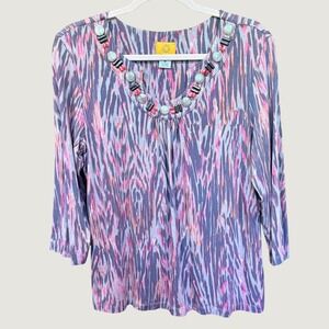 Ruby Rd Womens Pink Grey Abstract Ikat Beaded Neckline 3/4 Sleeve Top Size M
